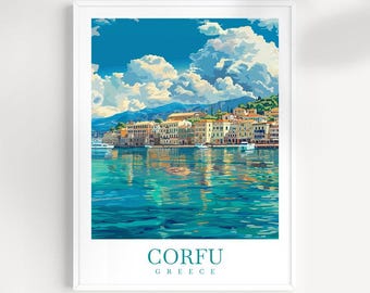 May include: A colorful illustration of a cityscape on the island of Corfu, Greece. The image shows a waterfront with buildings lining the shore and a blue sky with white clouds. The text "CORFU GREECE" is at the bottom of the image.