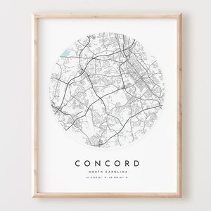 Impresión de mapa de Concord, póster de mapa de Concord, arte de pared de ciudad, mapa de carreteras de Carolina del Norte, decoración de mapa de calles de Carolina del Norte, regalo de oficina, L562v4