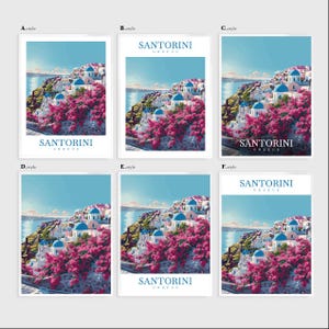 May include: A vintage travel poster featuring a colorful illustration of Santorini, Greece. The poster has a blue sky, white buildings, and pink flowers.