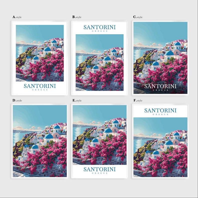 May include: A vintage travel poster featuring a colorful illustration of Santorini, Greece. The poster has a blue sky, white buildings, and pink flowers.
