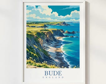 Bude Cornwall Travel Print, English Coast Wall Art, Cornwall Beach Landscape Poster