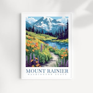 Mount Rainier Washington State Travel Print Wall Art - Illustrated Mountain Landscape, Nature Artwork, Washington Decor, Adventure Gift