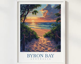 Byron Bay Australia Travel Print Illustration Style Wall Art Poster Coastal Nature Decor