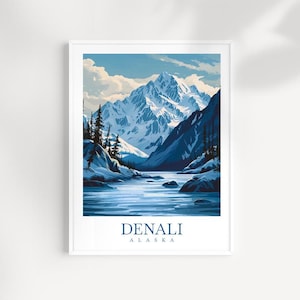 Impresión de pared de viaje a Denali, Alaska: paisaje montañoso ilustrado, obra de arte natural original, decoración de Alaska, regalo de aventura
