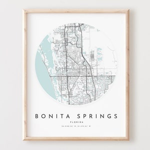 Impressão de mapa de Bonita Springs, mapa de Bonita Springs pôster arte de parede da cidade, mapa de estradas da Flórida, decoração de mapa de ruas com impressão da Flórida, presente de escritório, L452v4