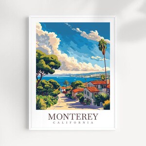 May include: A vintage-style travel poster featuring a scenic view of Monterey, California. The poster depicts a winding road leading up a hill with houses and palm trees, overlooking a blue ocean and a distant coastline. The text "Monterey, California" is printed at the bottom of the poster.