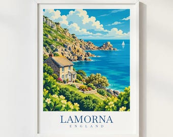 Lamorna Cove Cornwall Travel Poster, Lamorna Coastal Print, Cornish Seaside Wall Art, England Landscape Illustration
