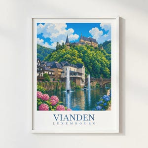 Vianden Lussemburgo Stampa di viaggio Illustrazione Stile Arte da parete Poster Decorazione Castello
