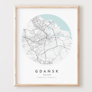 Impressão de mapa de Gdańsk, mapa de Gdańsk pôster arte de parede da cidade, mapa de estradas de Gdańsk, decoração de mapa de rua de impressão de Gdańsk, presente de escritório, L327v4