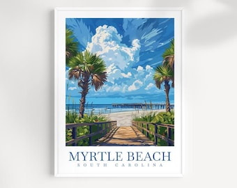 Op de afbeelding: Een kleurrijke illustratie van een promenade die naar een pier in Myrtle Beach, South Carolina, leidt. De promenade is omzoomd met palmbomen en de lucht is blauw met witte wolken.