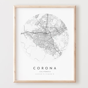Impressão de mapa corona, mapa corona pôster arte de parede da cidade, mapa de estrada ca, decoração de mapa de rua com impressão da califórnia, presente de escritório, l664v4