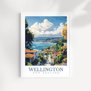 Wellington New Zealand Travel Print Wall Art - Illustrated Wellington Landscape, City & Harbor Artwork, New Zealand Decor, Travel Gift