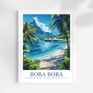Könnte beinhalten: Eine farbenfrohe Illustration von Bora Bora, Französisch-Polynesien. Das Bild zeigt eine tropische Insel mit üppigen grünen Palmen, türkisblauem Wasser und weißen Sandstränden. In der Ferne sind über dem Wasser gebaute Bungalows zu sehen.