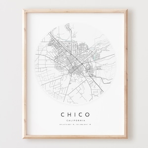 Impressão de mapa de Chico, mapa de Chico pôster arte de parede de cidade, mapa de estrada Ca, decoração de mapa de rua com impressão da Califórnia, presente de escritório, L853v4
