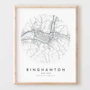 Impressão de mapa de Binghamton, mapa de Binghamton pôster arte de parede da cidade, mapa de estradas de Nova York, decoração de mapa de rua com impressão de Nova York, presente de escritório, L695v4