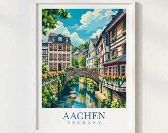 Aachen Germany Travel Print, Old Town Wall Art, Historic German City Poster