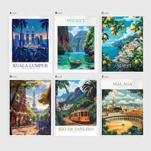 a series of four travel posters depicting different destinations