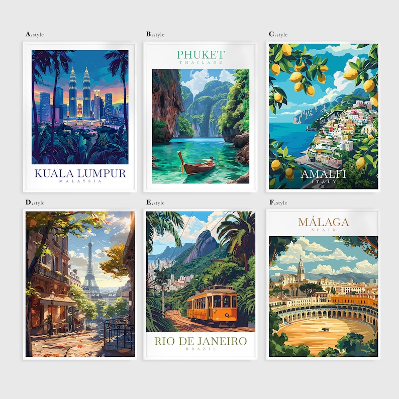 a series of four travel posters depicting different destinations