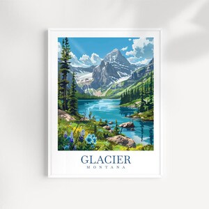 Gletscher Montana illustrierte Reise Kunstdruck - Berglandschaft Wanddekor, Natur Illustration, Abenteuer Kunstwerk, Montana Reisegeschenk