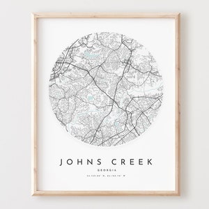 Impressão de mapa de Johns Creek, mapa de Johns Creek pôster arte de parede da cidade, mapa de estradas de Ga, decoração de mapa de rua com impressão de Geórgia, presente de escritório, L974v4