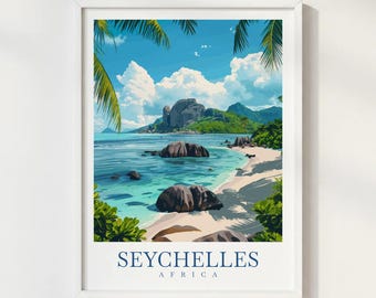 Seychelles Africa Travel Print Illustration Style Wall Art Poster Tropical Beach Decor