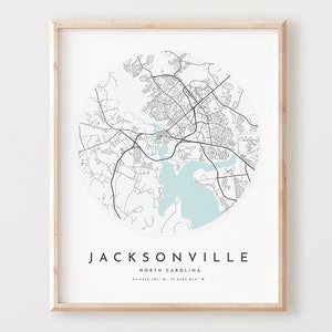 Impressão de mapa de Jacksonville, mapa de Jacksonville pôster arte de parede da cidade, mapa de estradas Nc, decoração de mapa de rua impresso da Carolina do Norte, presente de escritório, L862v4