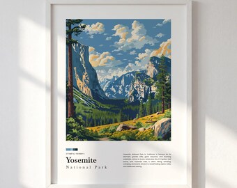 Yosemite Travel Print, National Park Wall Art, California Poster, Mountain Landscape Decor, Illustrated Destination Story