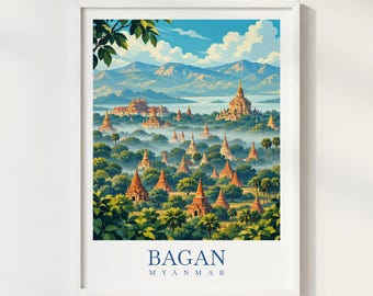 Bagan Myanmar Travel Poster, Bagan Temple Print, Myanmar Wall Art, Vintage Travel Illustration, Pagoda Landscape Decor