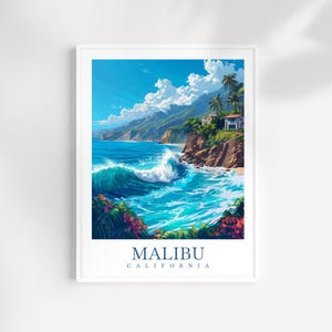 Impression de voyage sur la plage de Malibu, affiche en Californie, art mural, tenture murale pour Malibu, décoration d&#39;intérieur, cadeau Malibu pour les amateurs d&#39;art, affiche de Malibu en Californie