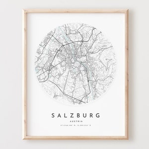 Impressão do mapa de Salzburgo, mapa de Salzburgo pôster arte de parede da cidade, mapa de estradas de Salzburgo, decoração de mapa de ruas de impressão de Salzburgo, presente de escritório, L602v4