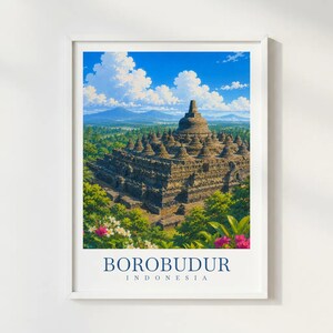 Borobudur Indonesia - Stampa di viaggio - Illustrazione - Poster da parete - Tempio antico - Paesaggio culturale - Decorazione