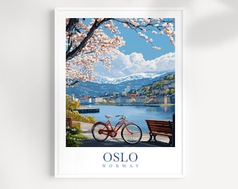 Stampa di viaggio di Oslo, Norvegia: bicicletta e fiori di ciliegio
