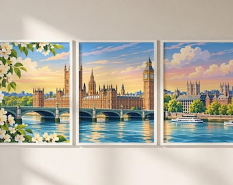 London England Set of 3 Prints, London Big Ben Wall Art, London Cityscape Triptych Posters, UK Travel Decor