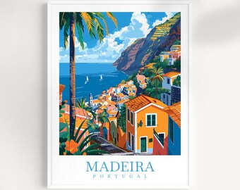 Madeira, Portogallo: stampa di viaggio: arte murale di un villaggio costiero