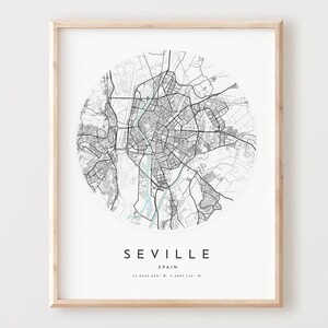 Impressão de mapa de Sevilha, mapa de Sevilha pôster arte de parede da cidade, mapa de estradas de Sevilha, decoração de mapa de ruas de Sevilha, presente de escritório, L227v4