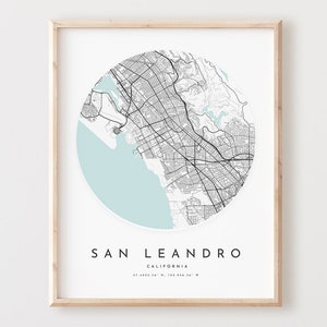 Impressão de mapa de San Leandro, mapa de San Leandro pôster arte de parede da cidade, mapa de estradas Ca, decoração de mapa de rua com impressão da Califórnia, presente de escritório, L931v4