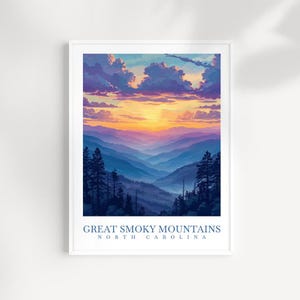 Great Smoky Mountains North Carolina Travel Print Wall Art - Illustrated Mountain & Landscape, Nature Artwork, NC Decor, Adventure Gift