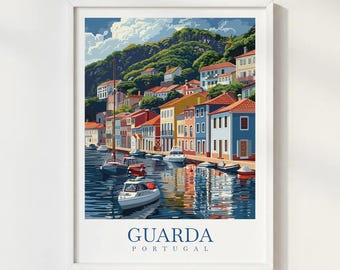 Guarda Portugal Travel Print Illustration Style Wall Art Poster Historic Mountain City Decor