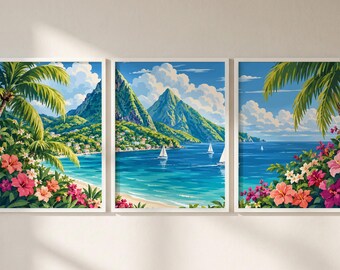 Saint Lucia Caribbean Set of 3 Prints, Saint Lucia Print Wall Art, Caribbean Island Triptych Posters, Saint Lucia Travel Decor