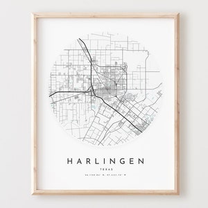Impressão de mapa de Harlingen, mapa de Harlingen pôster arte de parede da cidade, mapa de estradas Tx, decoração de mapa de rua com impressão do Texas, presente de escritório, L741v4