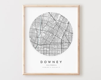 Downey Map Print, Downey Map Poster City Wall Art, Ca Road Map, California Print Street Map Decor,  Office Gift, L814v4