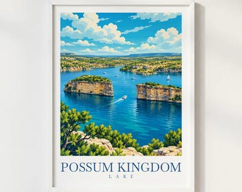 Possum Kingdom Lake Texas Travel Poster, Hell's Gate Cliffs Print, Texas Lake Wall Art, Lake House Decor, Scenic Landscape Illustration