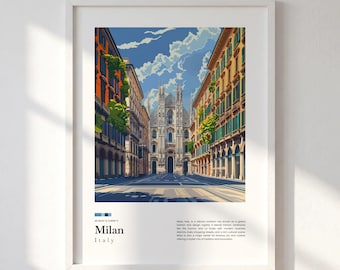 Milan Travel Print, Duomo Wall Art, Italy Poster, Italian City Illustration, Canvas Decor