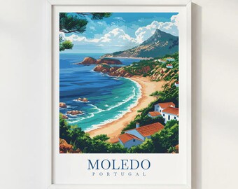 Moledo Portugal Travel Print Illustration Style Wall Art Poster Coastal Beach Village Decor