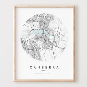 Impressão de mapa de Canberra, mapa de Canberra pôster arte de parede da cidade, mapa de estrada de Canberra, decoração de mapa de rua de impressão de Canberra, presente de escritório, L486v4