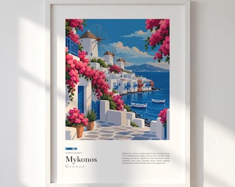 Mykonos Travel Print, Greece Wall Art, Greek Island Poster, Mediterranean Coastal Decor, Illustrated Destination Story