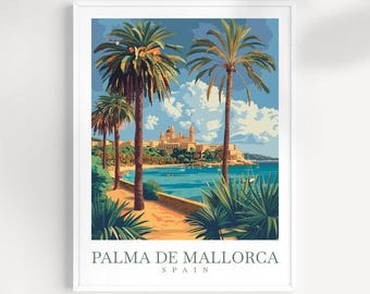 May include: A vintage travel poster featuring a scenic view of Palma de Mallorca, Spain. The poster depicts a picturesque beach with palm trees and a historic building in the background. The text "Palma de Mallorca, Spain" is displayed at the bottom of the poster.