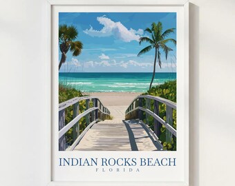 Indian Rocks Beach Florida USA Travel Print Illustration Style Wall Art Poster Coastal Sunset Decor