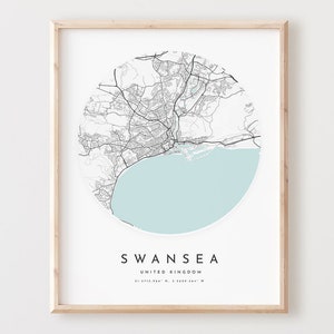 Impressão de mapa de Swansea, mapa de Swansea pôster arte de parede da cidade, mapa de estrada de Swansea, decoração de mapa de rua com impressão de Swansea, presente de escritório, L509v4