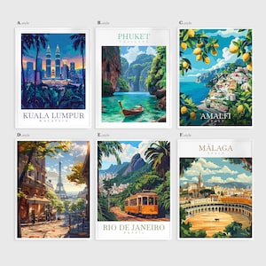 a series of four travel posters depicting different destinations